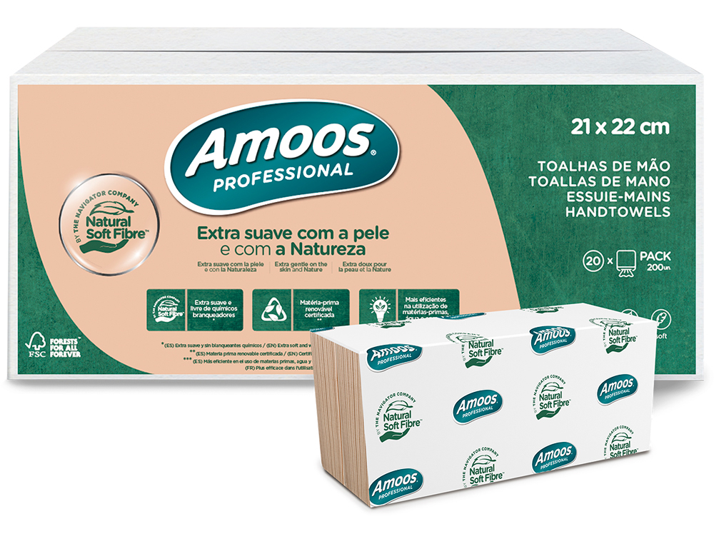 TOALLA SECAMANOS AMOOS PROFESSIONAL NATURALLY SOFT 2 CAPAS PASTA CRUDA 21X22 CM PAQUETE DE 200 UNIDADES