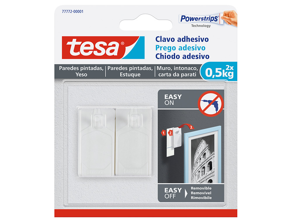CLAVO AUTOADHESIVO TESA SUJECION HASTA 0,5 KG USO PAREDES PINTADAS REMOVIBLE BLISTER DE 2 UNIDADES