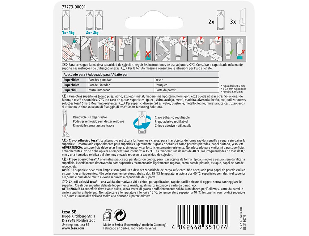 CLAVO AUTOADHESIVO TESA SUJECION HASTA 0,5 KG USO PAREDES PINTADAS REMOVIBLE BLISTER DE 2 UNIDADES