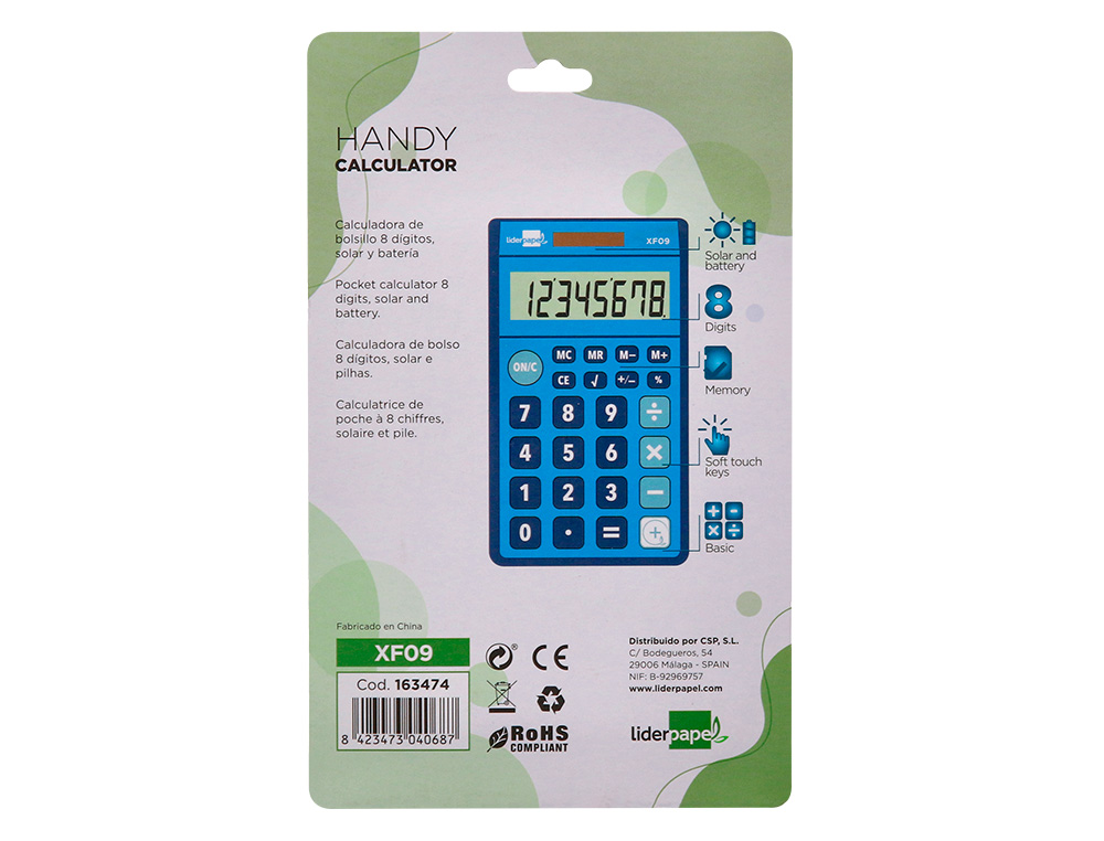 CALCULADORA LIDERPAPEL BOLSILLO XF09 8 DIGITOS SOLAR Y PILAS COLOR AZUL 115X65X8 MM