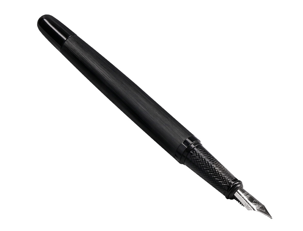 PLUMA Y FRASCO DE TINTA BELIUS ORIGEN 1995 ALUMINIO TEXTURA CEPILLADA COLOR NEGRO TINTA NEGRA CAJA DISEÑO
