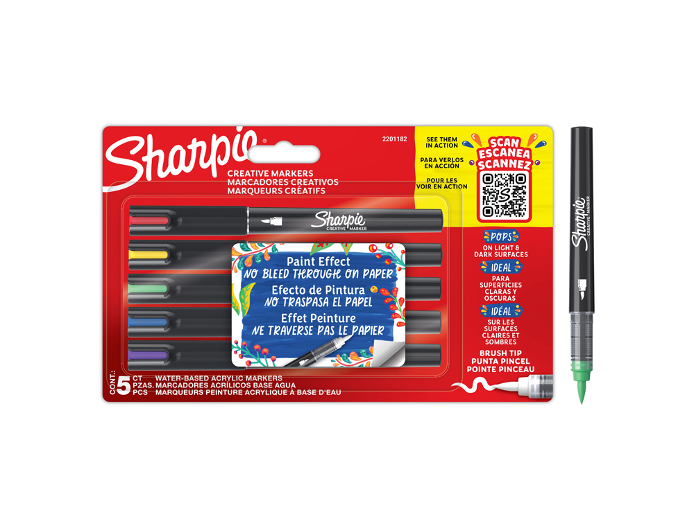 ROTULADOR SHARPIE ACRYLIC PUNTA PINCEL BLISTER DE 5 UNIDADES COLORES SURTIDOS