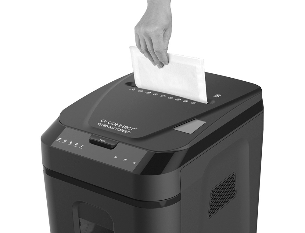 DESTRUCTORA DE DOCUMENTOS Q-CONNECT CAPACIDAD CORTE 180 H AUTO / 10 H MANUAL DESTRUYE GRAPAS CLIPS Y TARJETAS