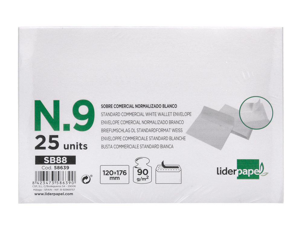 SOBRE LIDERPAPEL N 9 BLANCO COMERCIAL NORMALIZADO 120X176 MM TIRA DE SILICONA PAQUETE DE 25 UNIDADES