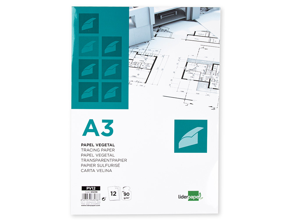 PAPEL DIBUJO LIDERPAPEL A3 297X420MM 90G/M2 VEGETAL SOBRE DE 12 HOJAS