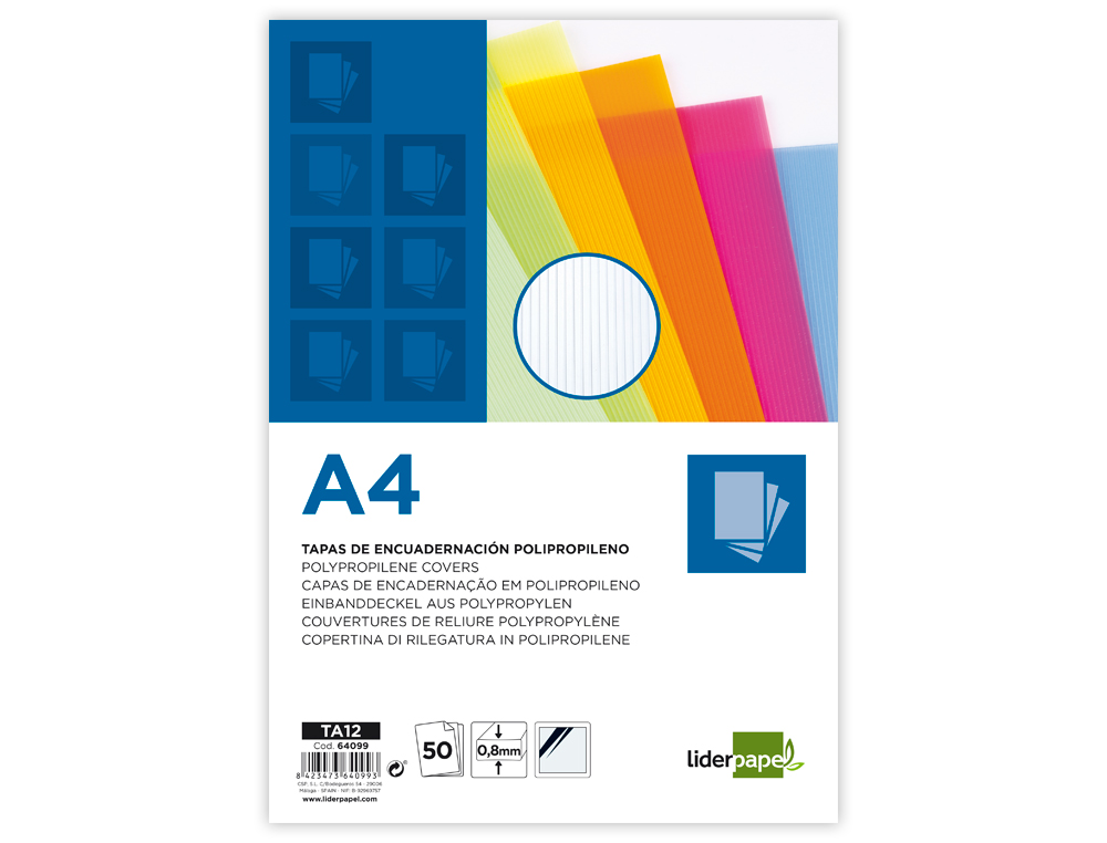 TAPA ENCUADERNACION LIDERPAPEL POLIPROPILENO ONDULADO A4 0.8 MM TRANSPARENTE PAQUETE DE 50 UNIDADES