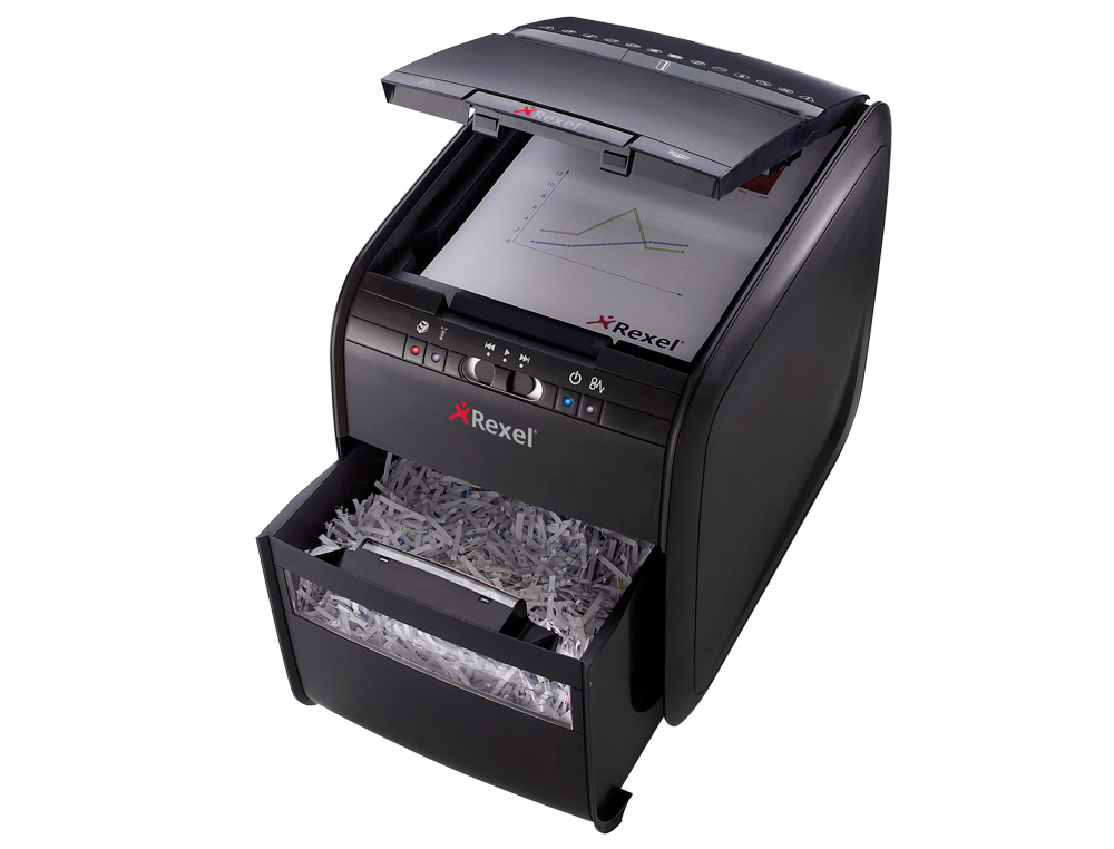 DESTRUCTORA DE DOCUMENTOS REXEL AUTO+90X CAPACIDAD DE CORTE 90 HOJAS DESTRUYE GRAPAS CLIPS Y TARJETAS