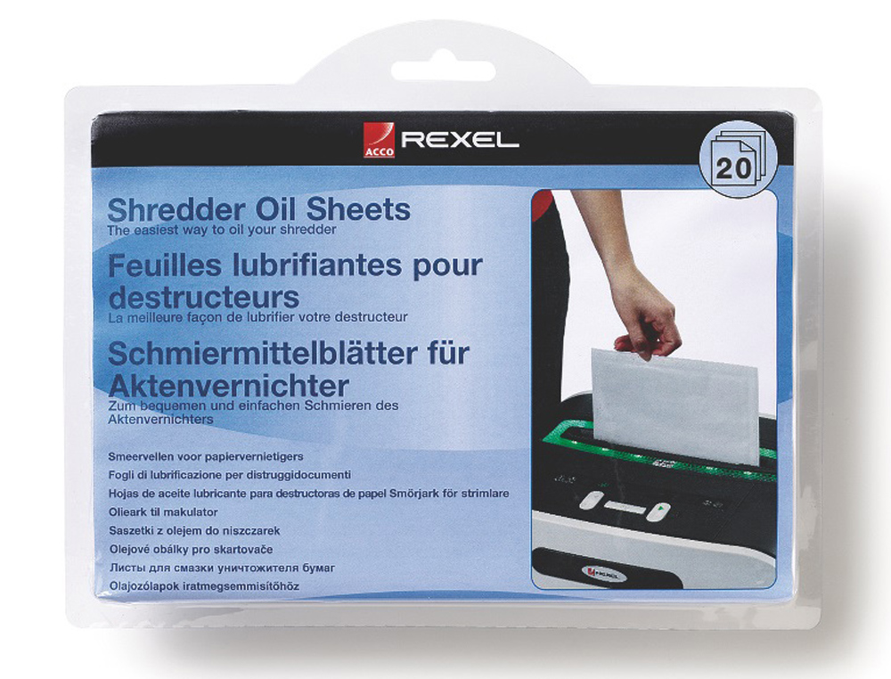 HOJAS LUBRICANTES REXEL PARA DESTRUCTORA PAQUETE DE 20 HOJAS TAMAÑO DIN A5